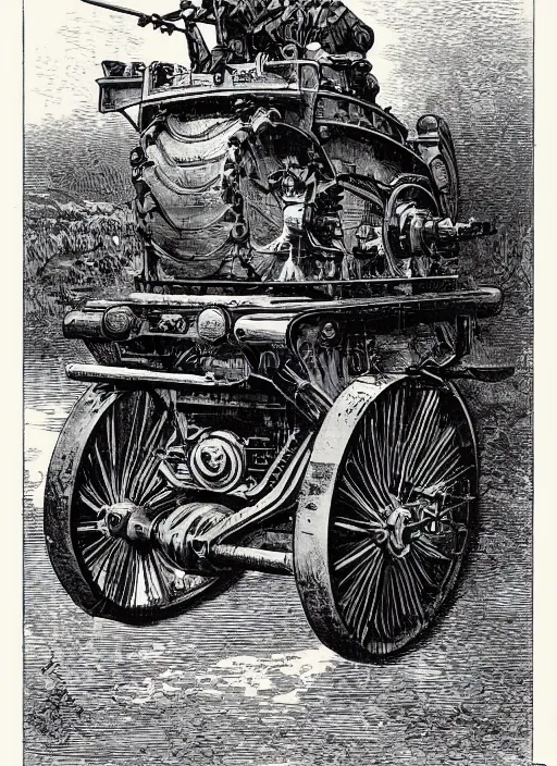 Image similar to 19th century wood-engraving of a steam powered Renault FT tank, whole page illustration from Jules Verne book, art by Édouard Riou Jules Férat and Henri de Montaut, frontal portrait, high quality, beautiful, highly detailed, removed watermarks