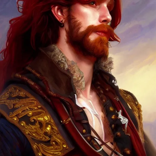 Image similar to portrait of a young pirate captain, male, masculine, handsome, upper body, red hair, long hair, D&D, fantasy, intricate, elegant, highly detailed, digital painting, artstation, concept art, sensual, matte, sharp focus, illustration, art by Artgerm and Greg Rutkowski and Alphonse Mucha