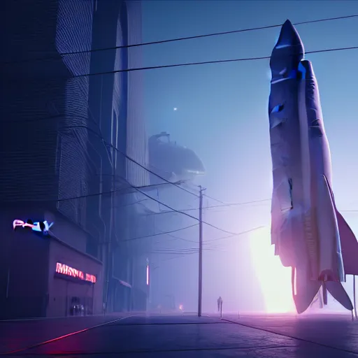 Image similar to blade runner 2 0 4 9 city architecture, spacex starship rocket launch, environmental lighting, ray tracing, highly detailed, editorial, dslr, 2 4 mm, octane render, unreal engine 5, artstation, 4 k