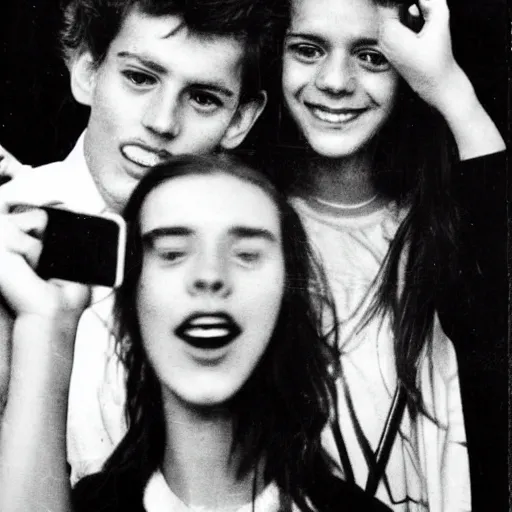 Image similar to selfie French teenagers in the 80's, flash photography