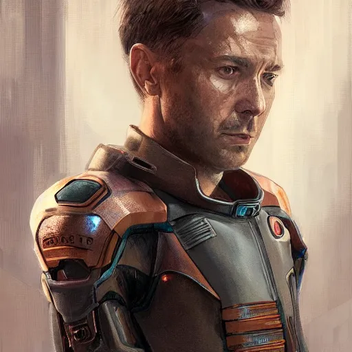 Image similar to Portrait of a man by Greg Rutkowski, he is about 40 years old, short copper hair, attractive, military composure, younger brother vibes, expression of sorrow and disbelief, he is wearing futuristic space tactical suit, highly detailed portrait, digital painting, artstation, concept art, smooth, sharp foccus ilustration, Artstation HQ.
