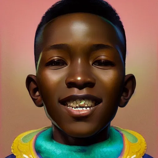 Image similar to colourful upper half portrait of an african boy with sliver teeth grillz, art by hsiao - ron cheng & alphonse mucha, highly detailed, digital painting, ray tracing, concept art, illustration, smooth sharp focus, intricate, symmetry, artstation,