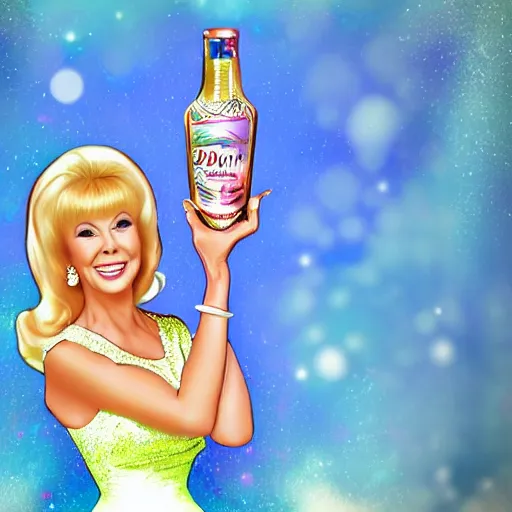 Prompt: beautiful digital illustration of barbara eden I Dream of Jeannie and bottle artist