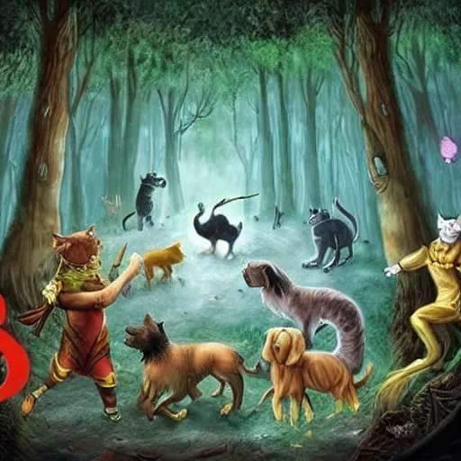 Prompt: Big battle between cats and dogs, in the forest, magic spells, dark fantasy style