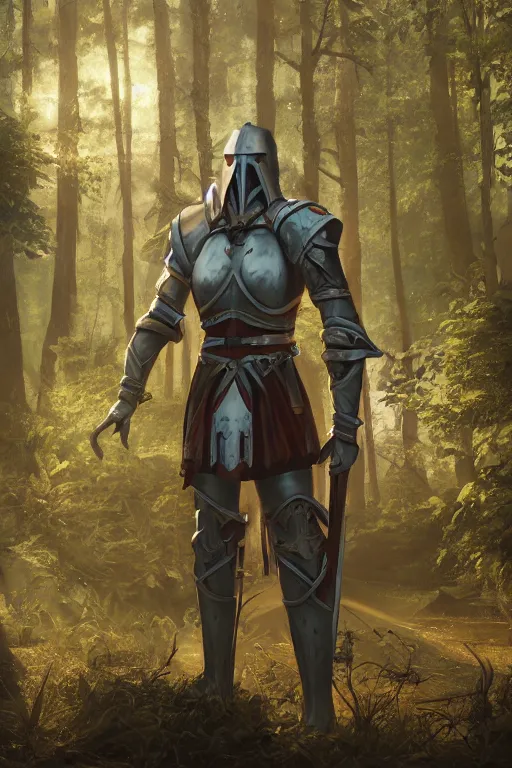 Image similar to a templar knight standing in a forest near a river at sunset, anatomically correct, hyperrealistic, concept art, octane render, unreal engine 5, trending on Artstation, high quality, 8K, highly detailed, symmetrical, five fingers, path tracing, soft lighting