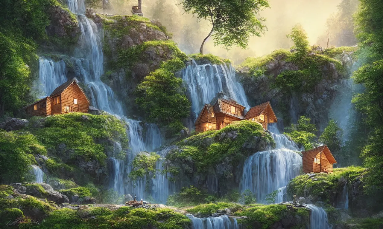 Image similar to scandinavian house in the forest on a hill, pixar, a waterfall flows down from the mountain in the background, vector art, fabulous, global illumination, warm lighting, by jordan grimmer