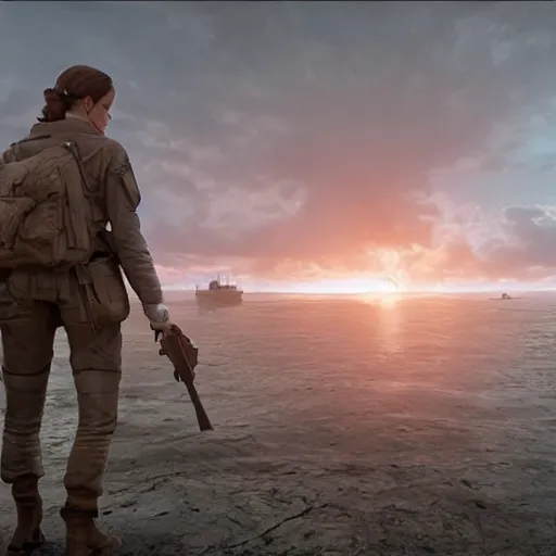 Prompt: footage of emma watson in d - day, unreal engine 5 highly rendered, radiant light, detailed and intricate environment, wide angle, cinematic lighting