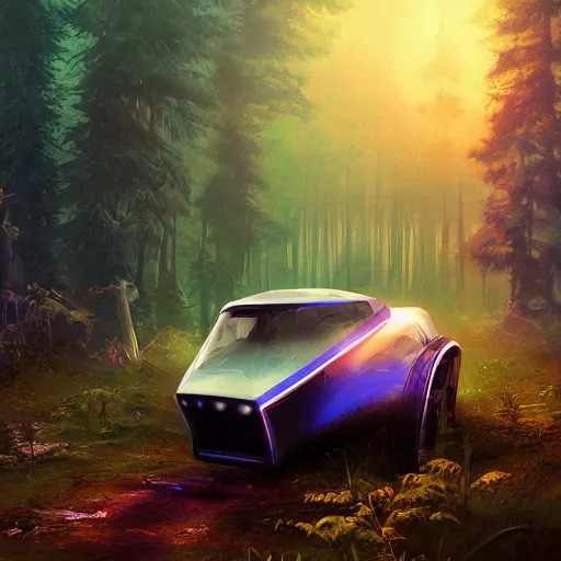 Image similar to flying car in futuristic spiritual mystical post apocalyptic forest by ron gilbert, dim painterly volumetric aquatic sunset lighting, beautiful, crisp, artstation, highly detailed