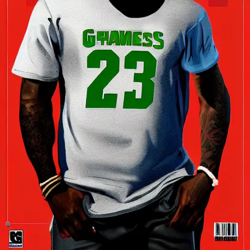 Image similar to happy lebron james wearing a plain tshirt, gta v cover art, art by stephen bliss, matte painting