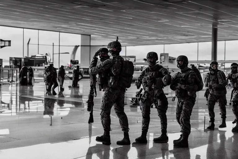 Image similar to Mercenary Special Forces soldiers in grey uniforms with black armored vest and black helmets fighting inside an airport in 2022, Canon EOS R3, f/1.4, ISO 200, 1/160s, 8K, RAW, unedited, symmetrical balance, in-frame, combat photography