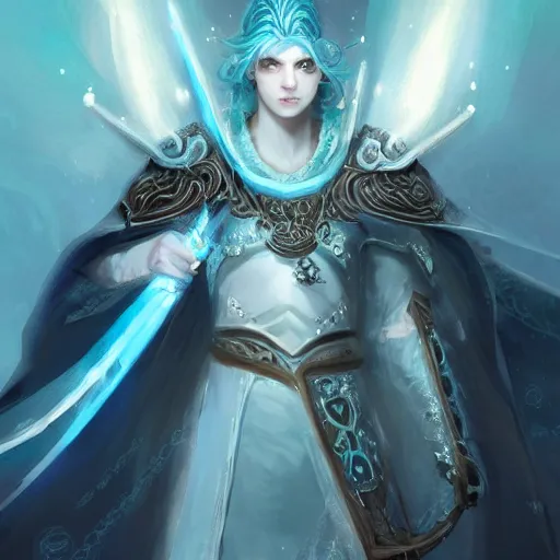 Prompt: handsome male snow elf in a turquoise cape and silver ornate armour as an archer, albino skin, pointed ears, ethereal opalescent mist, moonlight snow, fantasy art, perfect face, elegant, very coherent symmetrical artwork, atmospheric lighting, rule of thirds, by wenjun lin, krenz cushart, charlie bowater, trending on artstation