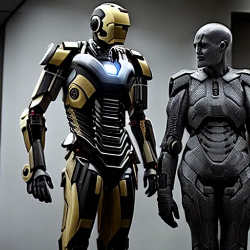 Image similar to prometheus movie still frame, onyx and alabaster mcu ironman by giger, cyclop android - one eyed cyborg by giger