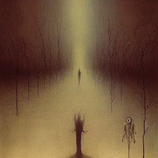 Prompt: ' the long road'beksinski, eldritch, apocalypse, creepy creature, horror spooky