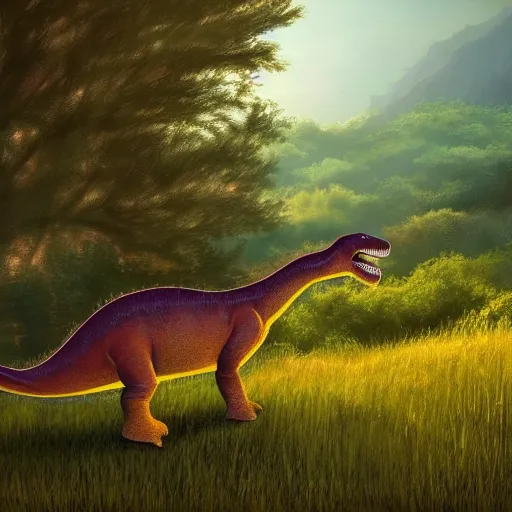 Image similar to dinosaur in the distance walking through shrubbery, over hills, misty, sunset, painting, detailed landscape