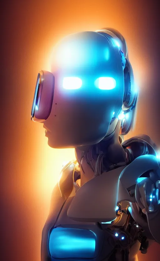 Image similar to a beautiful!! photo of a bionic!! teenager!!, cyberpunk, augmented vision, electronic components, volumetric light, photography, extremely detailed, photorealistic!, stunning, digital art trending on artstation, orange, cyan, washed out colors