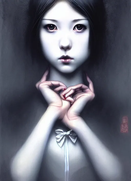 Image similar to an attractively pretty young woman with morbid thoughts wearing a Japanese-style school uniform, she is the queen of black roses, by Casey Baugh, Steve Caldwell, Gottfried Helnwein, Yasunari Ikenaga, and Range Murata.