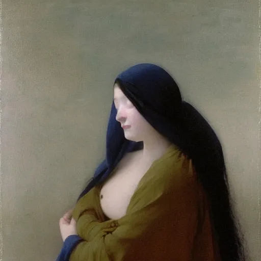 Image similar to a young woman’s face, her hair is white, her eyes are covered with a flowing blue satin blindfold, she is wrapped in flowing silver silk fabric, by ivan aivazovsky and alma tadema and and willen claesz heda and aelbert cuyp and gerard ter borch