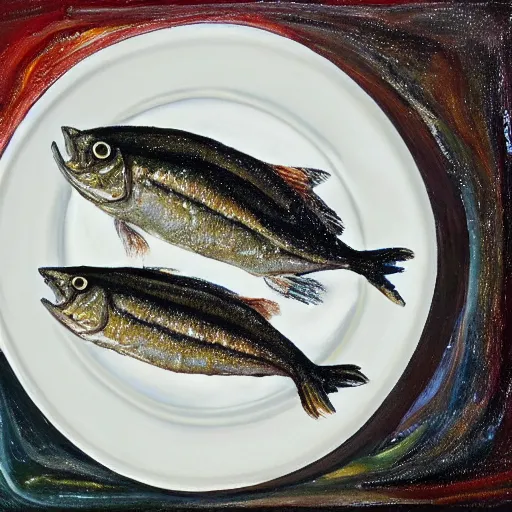 Image similar to sardines in oil on a white plate overlooking the ocean, oil on canvas, extremely detailed masterpiece