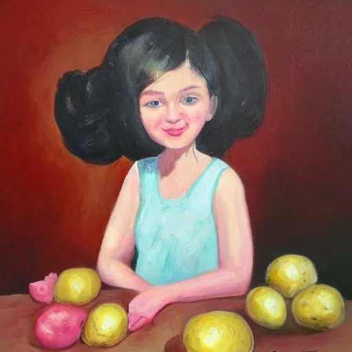 Image similar to a beautiful painting portrait of Miss Steak and her potato toddlers