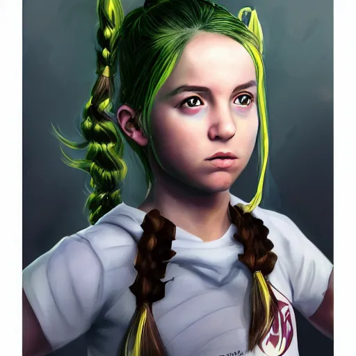 Prompt: An epic fantasy comic book style portrait painting of a young feminine boy, green eyes, fair skin, long brown hair worn in two pigtails, his left pigtail is shorter than the right pigtail, yellow hoodie with a grey undershirt, unreal 5, DAZ, hyperrealistic, octane render, cosplay, RPG portrait, dynamic lighting