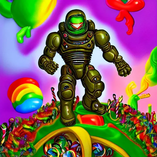 Prompt: Doom Guy's adventure in Candy Land, 4k, 8k, highly detailed, digital art, digital painting, sharp, green Doom Guy