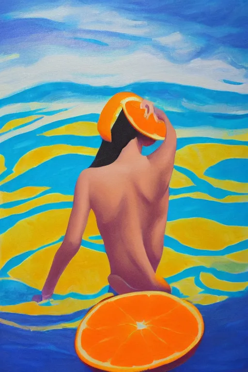 Image similar to a Acrylic painting of a girl ,summer ,water,wave , orange and orange slices,blue theme and Yellow accents,Colour composition by Kenya Hara