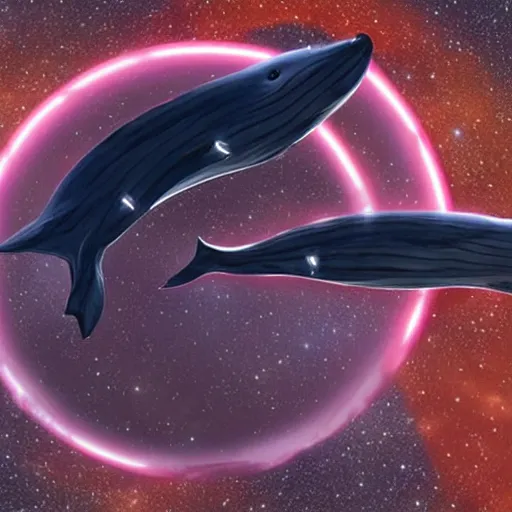 Image similar to whale spaceship flying near a red dwarf star