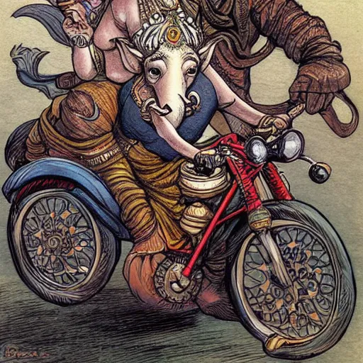 Image similar to ganesha riding a motorcycle, art by rebecca guay