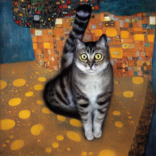 Image similar to cat sitting, Gustav Klimt, concept art, sharp, octane render, oil painting