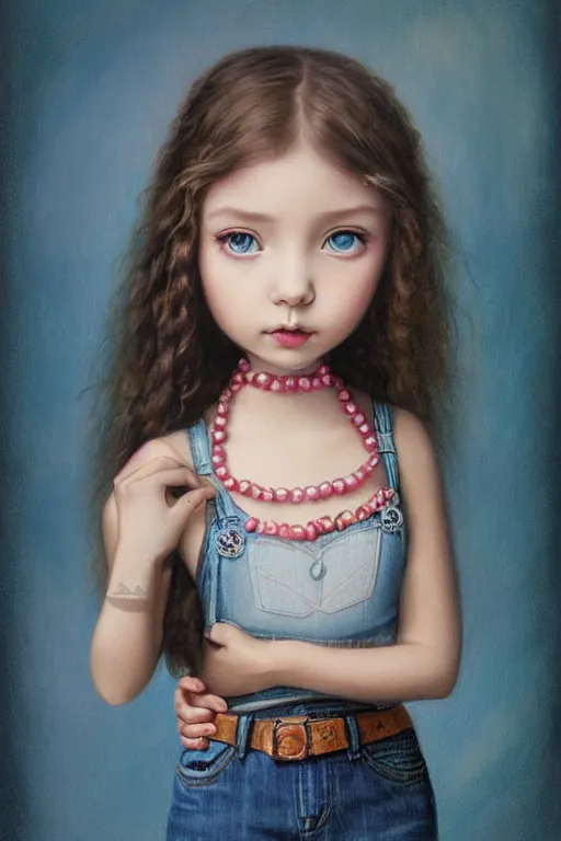 Prompt: matte sharp painting cute little girl hippy denim bellbottom bead necklace, painted by mark ryden, artgerm, artstation behance storybook l