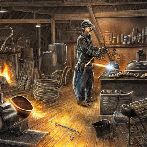 Image similar to A blacksmith working at his anvil in a dark, smoke-filled workshop, digital art, very detailed, no blur, sharp focus, realistic