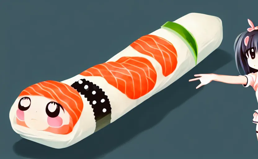 Image similar to very cute anime girl that is rolled up in a big piece of sushi, head sticking out of a sushi roll, nori, full body shot, cinematic wallpaper, highly detailed, clear, sharp, 4 k, 8 k