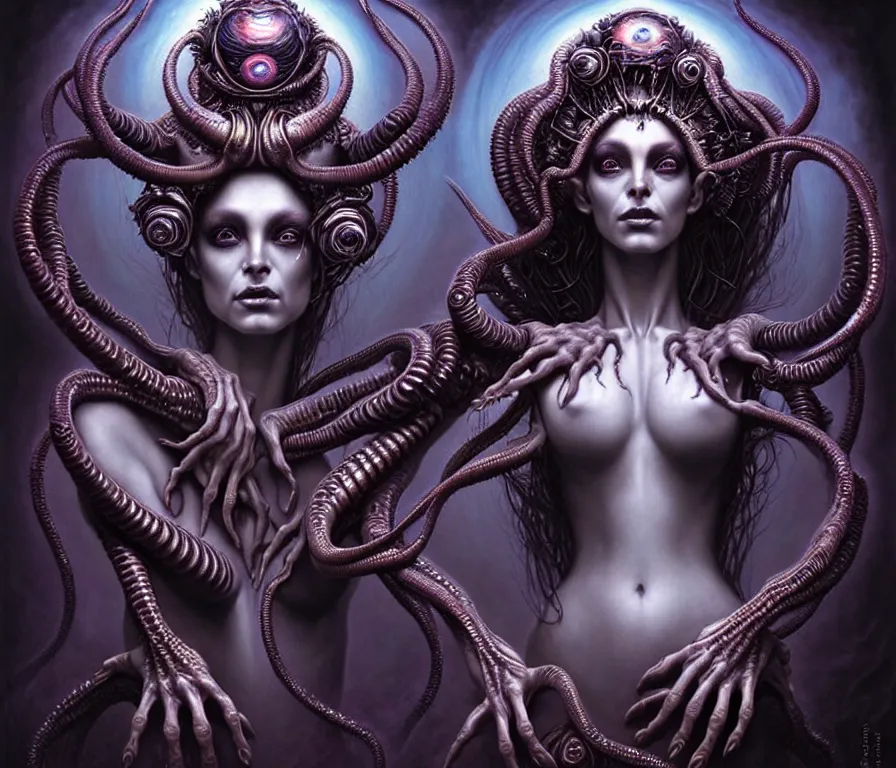 Image similar to A beautiful detailed alien goddess woman with 6 arms super dark tarot card, gorgeous model face by Stanley Artgerm, by tomasz alen kopera and Justin Gerard, 4 eyes, beautiful symmetrical features, ominous, magical realism, melting, texture, intricate, ornate, royally decorated, melting, whirling smoke, embers, purple adornments, blue torn fabric, radiant colors, fantasy, trending on artstation, volumetric lighting, micro details, 3d sculpture, ray tracing, 8k, anaglyph effect