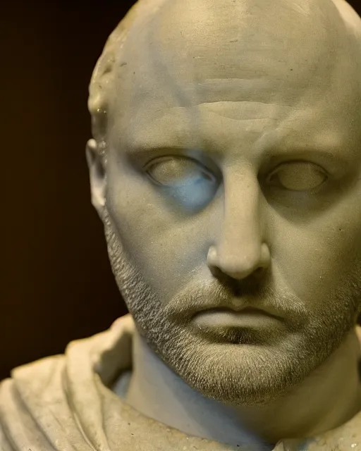 Image similar to a high quality photograph vsauce michael stevens as a roman marble bust. cinematic lighting.