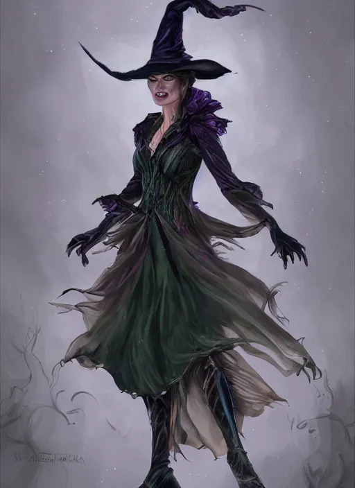 Image similar to beautiful female wicked witch, rebecca romijn as the wicked witch of the west, full body character concept, armor, super powers, fantasy, intricate, elegant, highly detailed, digital painting, artstation, concept art, shining, sharp focus, illustration, art by stanley lau