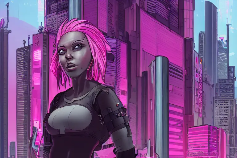 Image similar to a woman with pink hair standing in front of a city, cyberpunk art by patrick brown, trending on artstation, afrofuturism, synthwave, darksynth, retrowave