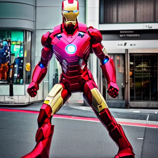 Prompt: ironman spotted in the city, tmz, sony a 7 r iv, symmetric balance, polarizing filter, photolab, lightroom, 4 k, dolby vision, photography award