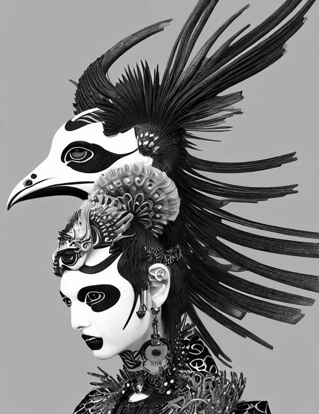 Image similar to 3 d goddess close - up profile portrait punk with mohawk with ram skull. beautiful intricately detailed japanese crow kitsune mask and clasical japanese kimono. betta fish, jellyfish phoenix, bio luminescent, plasma, ice, water, wind, creature, artwork by tooth wu and wlop and beeple and greg rutkowski