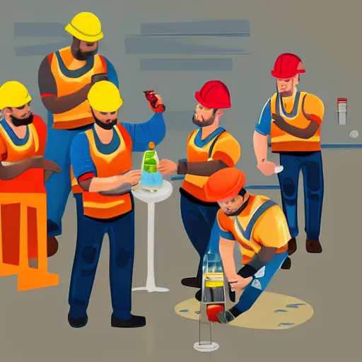 Prompt: A digital painting of a construction worker pouring himself and his colleagues a glass of beer. Blood seeps from a small wound in his hand from a small accident earlier.