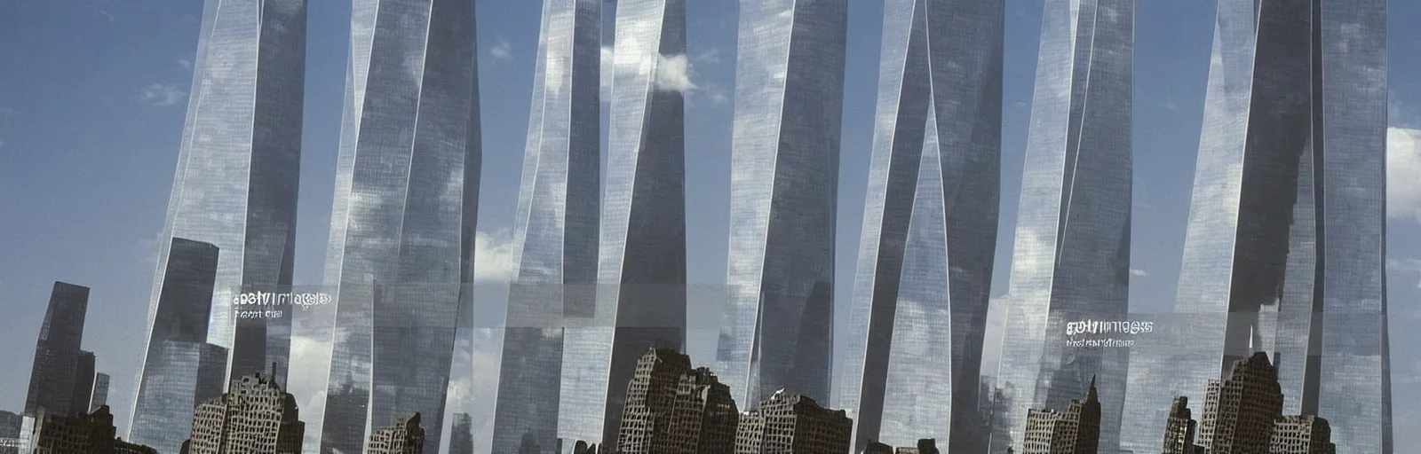 Image similar to “Mile-High Humanoid Robot versions of the Twin Towers ready themselves for battle gatchaman Gettyimages September 11 2001 hq ap photos CNN”