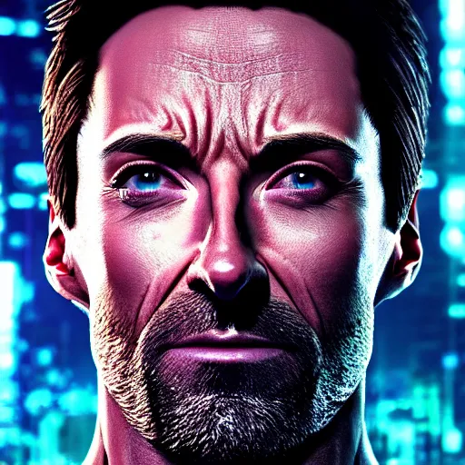 Image similar to hugh jackman portrait, cyberpunk 2 0 7 7, photorealistic, ultra detailed, neon, octane, bokeh, cinematic lighting, cyber, cyberpunk city, studio quality, feature, scars, cyberface, 8 k