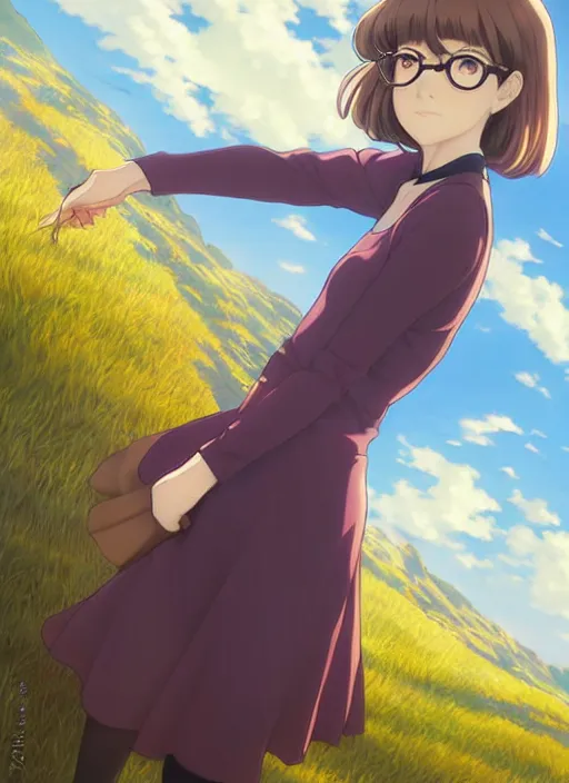 Prompt: Painting of grown-up Velma Dinkley in the style of Violet Evergarden, beautiful anime art style, winged eyelashes, countryside, calm, fantasy character portrait, dark outlines, dynamic pose, above view, sunny day, artwork by Makoto Shinkai, very coherent asymmetrical artwork, sharp edges, perfect face, simple form, 100mm