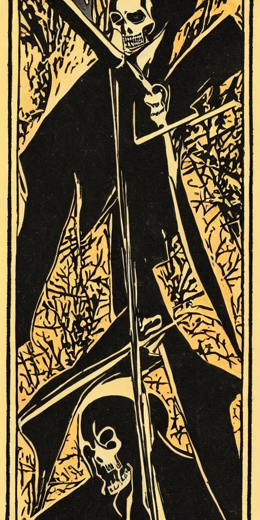 Image similar to an art deco illustration of the grim reaper on a tarot card with an elegant border