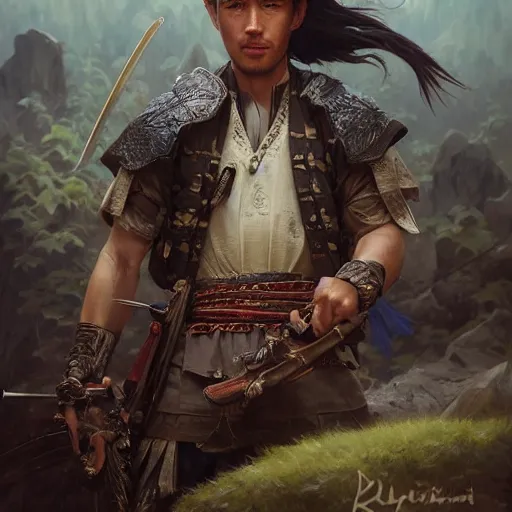 Image similar to Hyper realistic detailed portrait of Kurdish samurai, Stephen Bliss, unreal engine, fantasy art by Greg Rutkowski, Loish, Rhads, ferdinand knab, Makoto Shinkai and Lois van baarle, ilya kuvshinov, rossdraws, Tom Bagshaw, alphonse mucha, global illumination, radiant light, detailed and intricate environment, highly detailed, award winning art