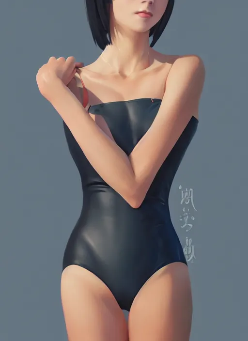 Prompt: gorgeous feminine Japanese woman wearing one-piece swimsuit, worksafe, elaborate polished, trending on ArtStation, by WLOP, Ilya Kuvshinov, Krenz, Cushart, Greg Rutkowski, sublime-classy-dignified ambience, 16k, sharp focus, volumetric lighting