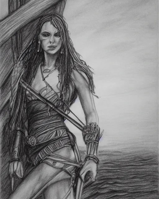 Image similar to A beautiful woman warrior on a faded background of a pirate ship at a deserted island, realism pencil drawing on white paper, bald lines