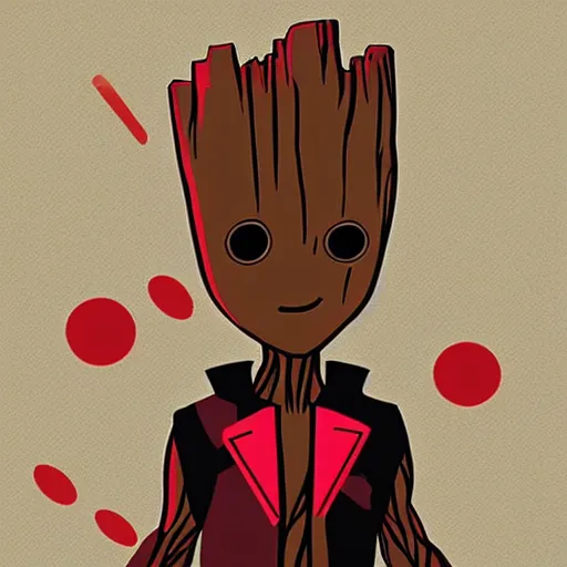 Image similar to baby groot and random japanese color with red and black colors as pop smoke album cover