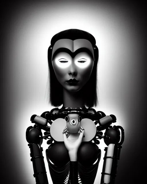 Image similar to surreal mythical dreamy dark artistic black and white fine art 3 / 4 fashion portrait photo of a young beautiful delicate female robot with orchid - owl face, rim light, cinematic, studio dramatic light, poetic, masterpiece, octane render, 8 k, photo - realistic by hg giger and man ray