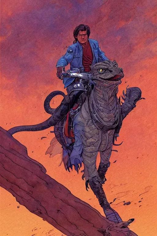 Prompt: han solo riding a dragon, full view, science fiction, art by jean giraud, moebius, juan gimenez, in watercolor gouache detailed paintings, in style of syd mead, colorful comics style, artstation