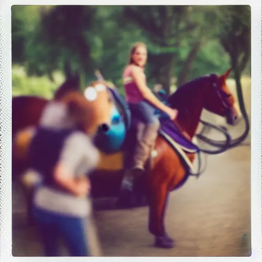 Prompt: Western, people on horses with wheels instead of legs, polaroid, bokeh